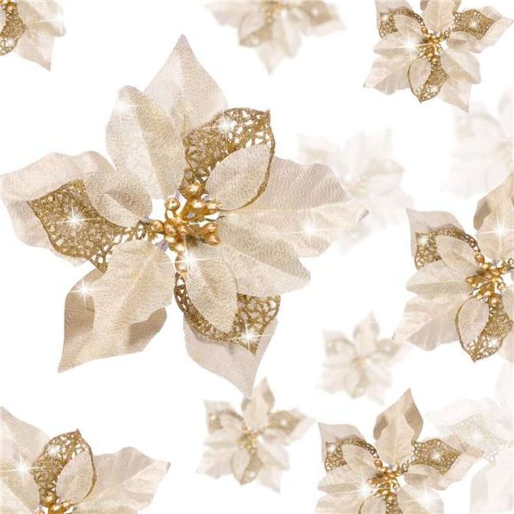 24 Pieces Christmas Artificial Glitter Poinsettia Flowers Xmas Flowers Wedding